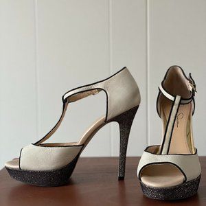 Jessica Simpson Nude/Black Sparkle T-Strap Heels Size 9